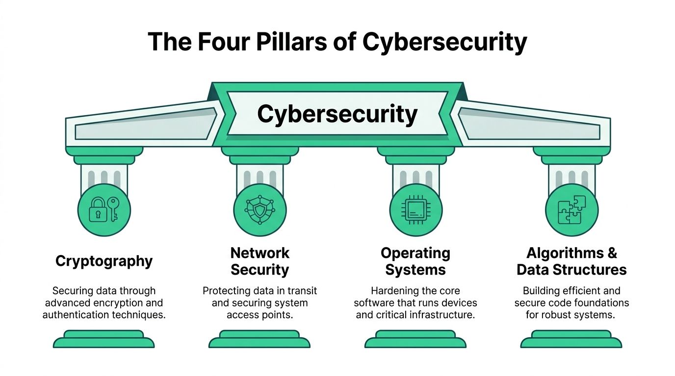 An infographic showing the four pillars of cybersecurity: cryptography, network security, operating systems, and algorithms and data structures.