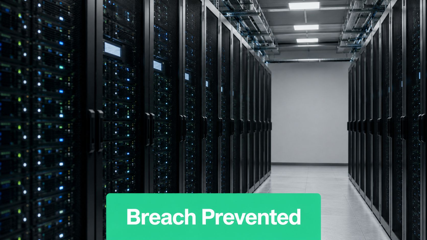 Rows of dark server racks in a modern data center with a green breach prevented notice overlay.