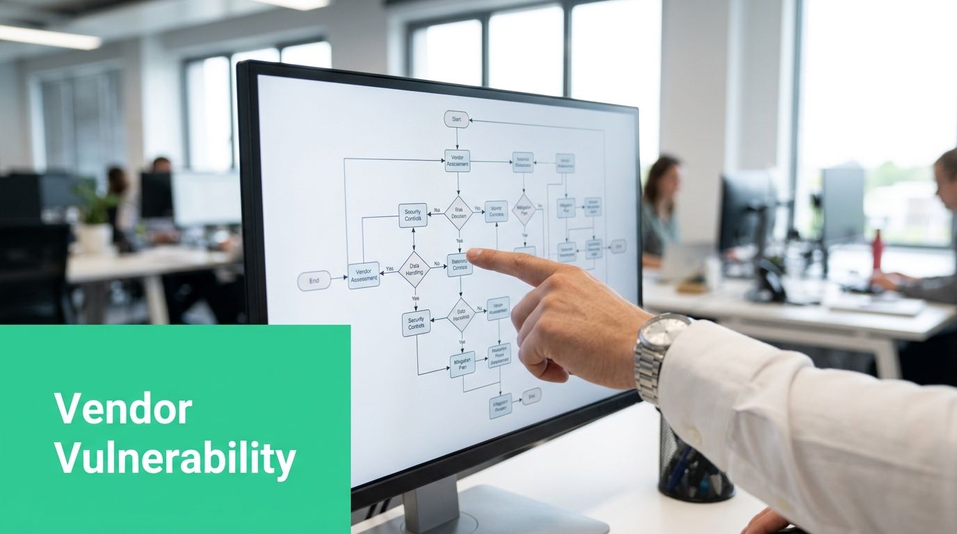 A professional in a white shirt pointing at a complex vendor vulnerability workflow flowchart on a monitor.
