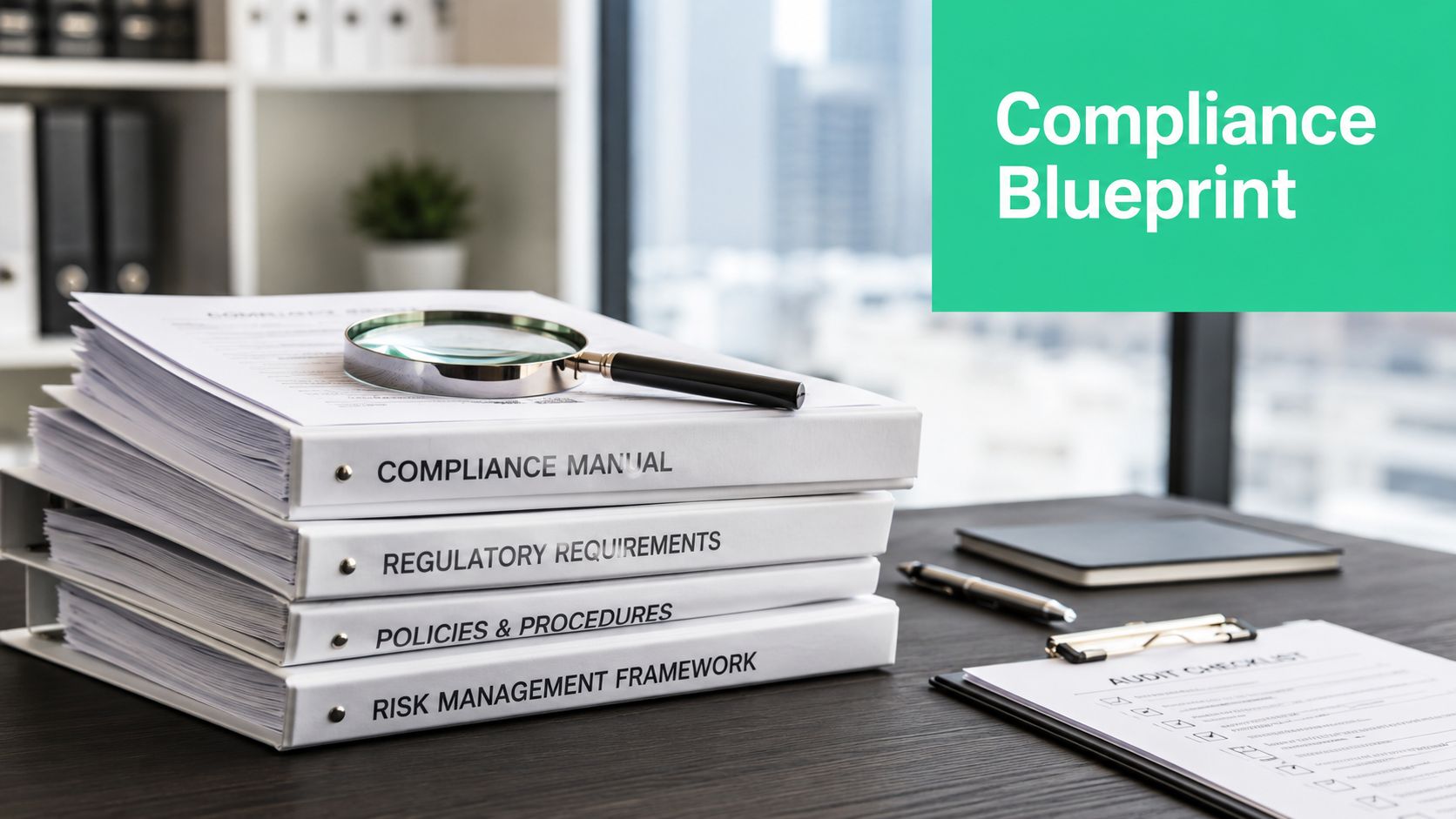 A stack of compliance binders with a magnifying glass on a desk in a professional office setting.