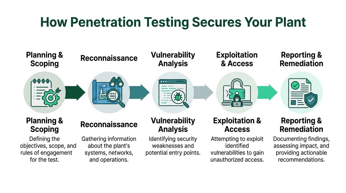 A flowchart showing the five steps of a penetration testing process to secure manufacturing plants.