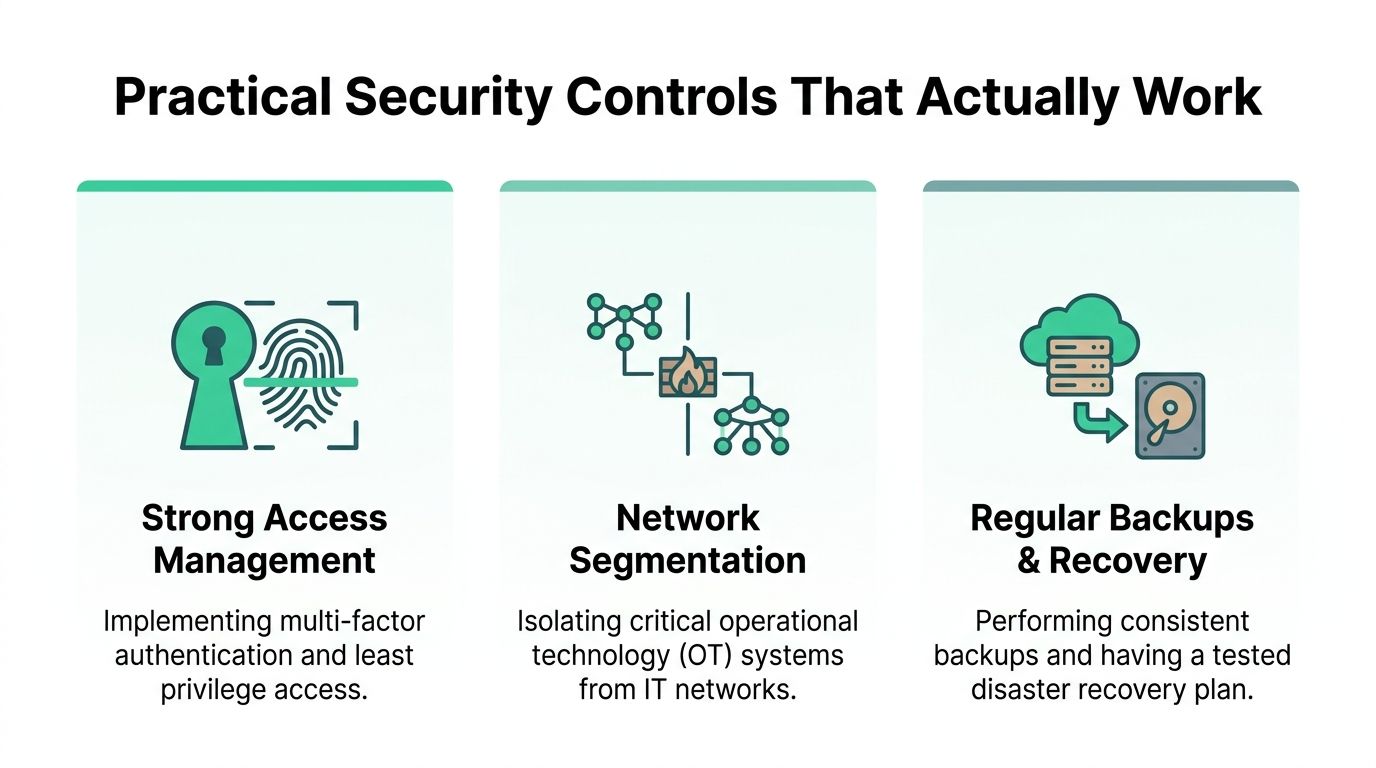 A graphic showing three key cyber security controls for industrial and IT infrastructure protection.