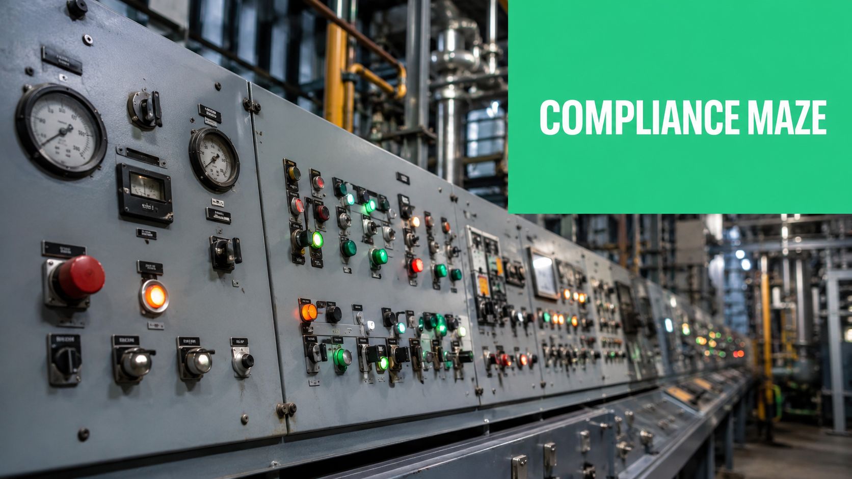 A close-up view of a complex industrial control panel in a factory with numerous buttons and gauges.