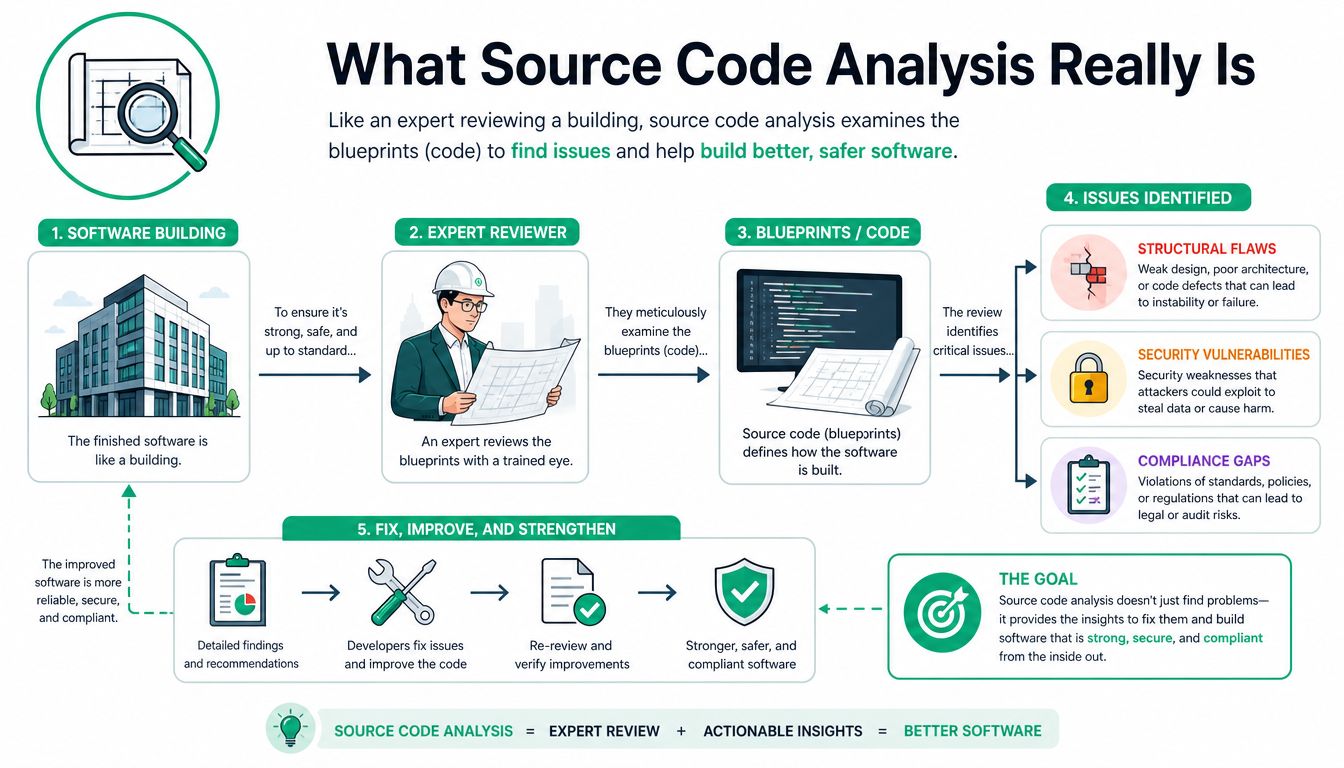 An infographic explaining the process of source code analysis using a building and blueprint comparison metaphor.