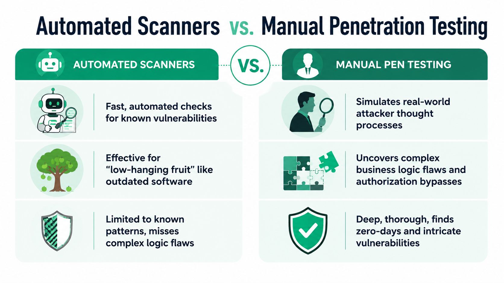 A comparison chart showing the differences between automated security scanners and manual penetration testing methods.