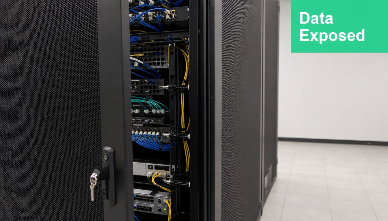 A server rack with open doors revealing network equipment, cabling, and data server hardware in a room.