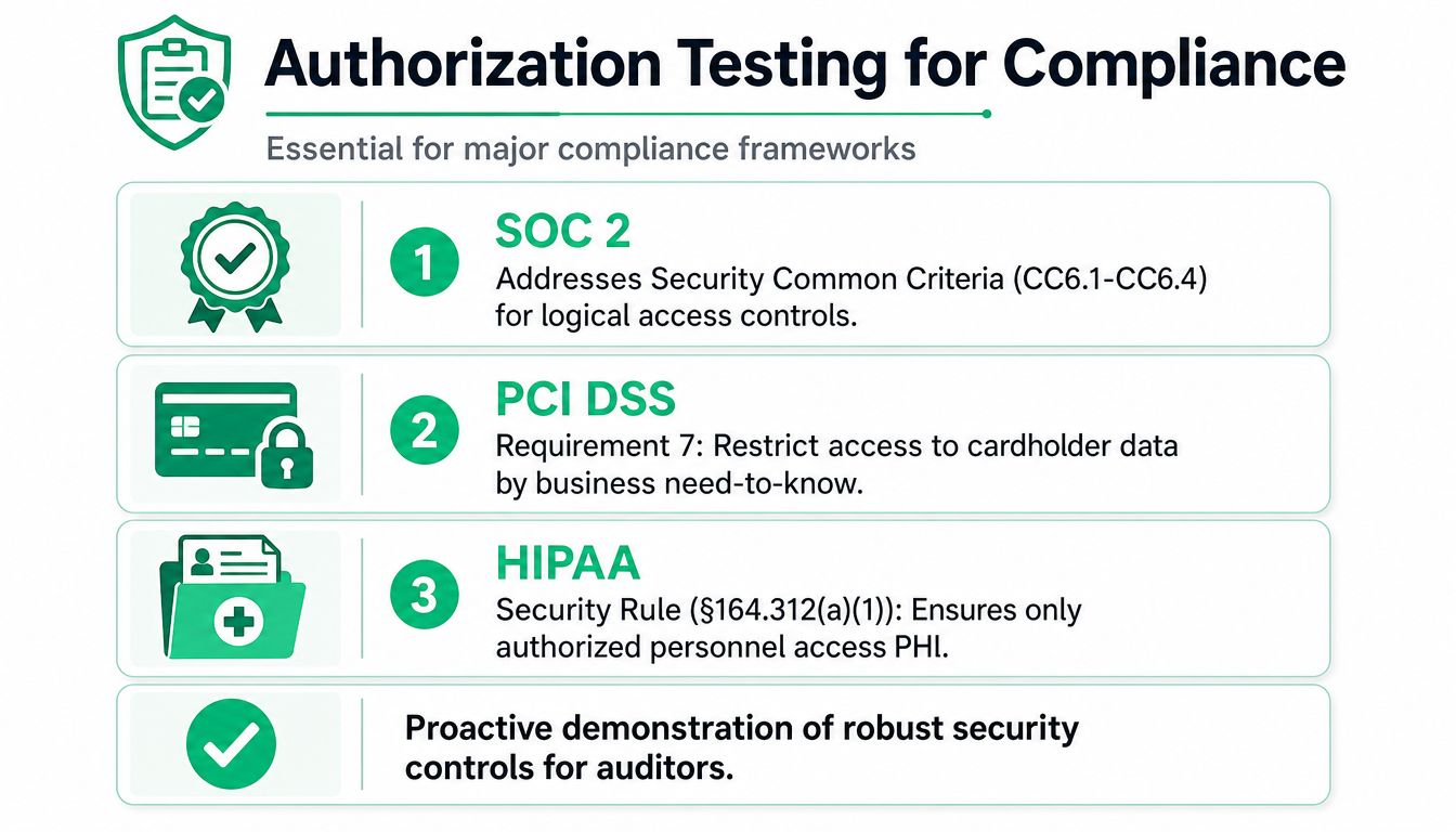 A graphic highlighting the importance of authorization testing for maintaining compliance with SOC 2, PCI DSS, and HIPAA.