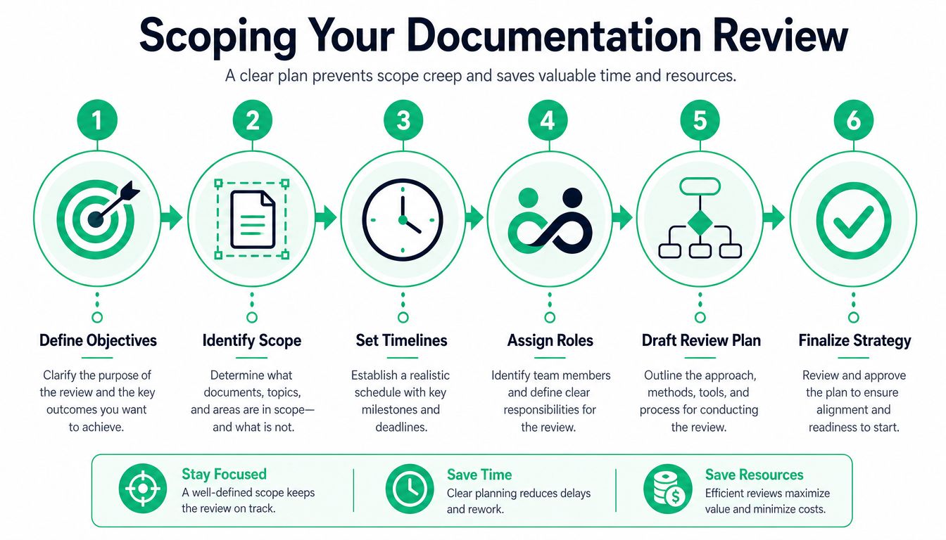 A six-step infographic showing how to plan and scope a documentation review process effectively.