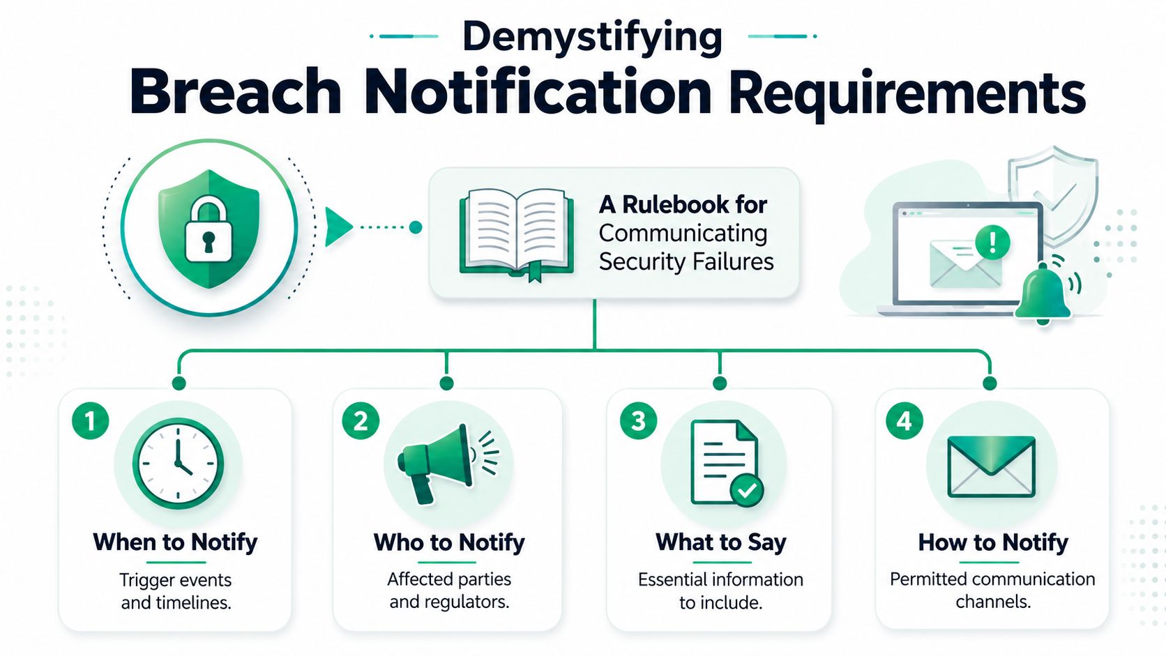 A visual guide titled Demystifying Breach Notification Requirements showing four key steps for reporting security incidents.