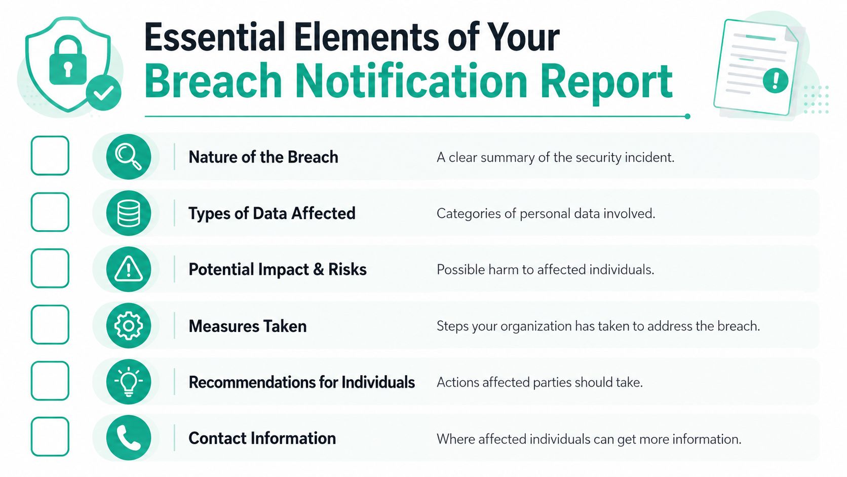 An infographic titled Essential Elements of Your Breach Notification Report with six key security reporting steps.