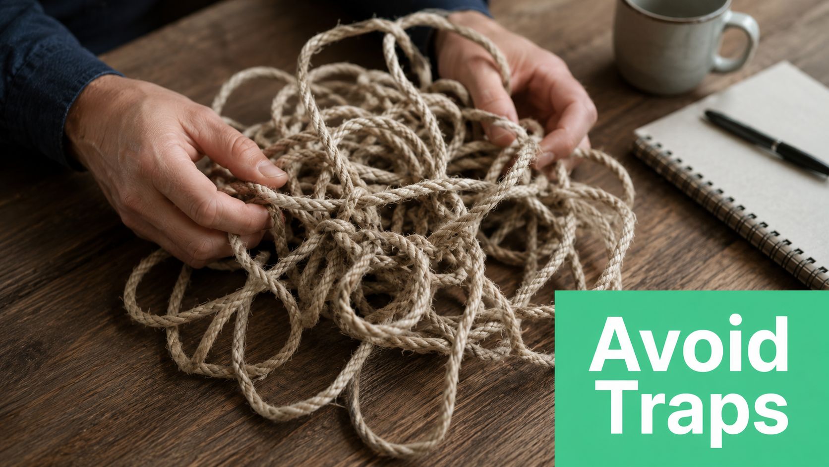A person unraveling a tangled pile of rope on a wooden desk near a notebook and mug.
