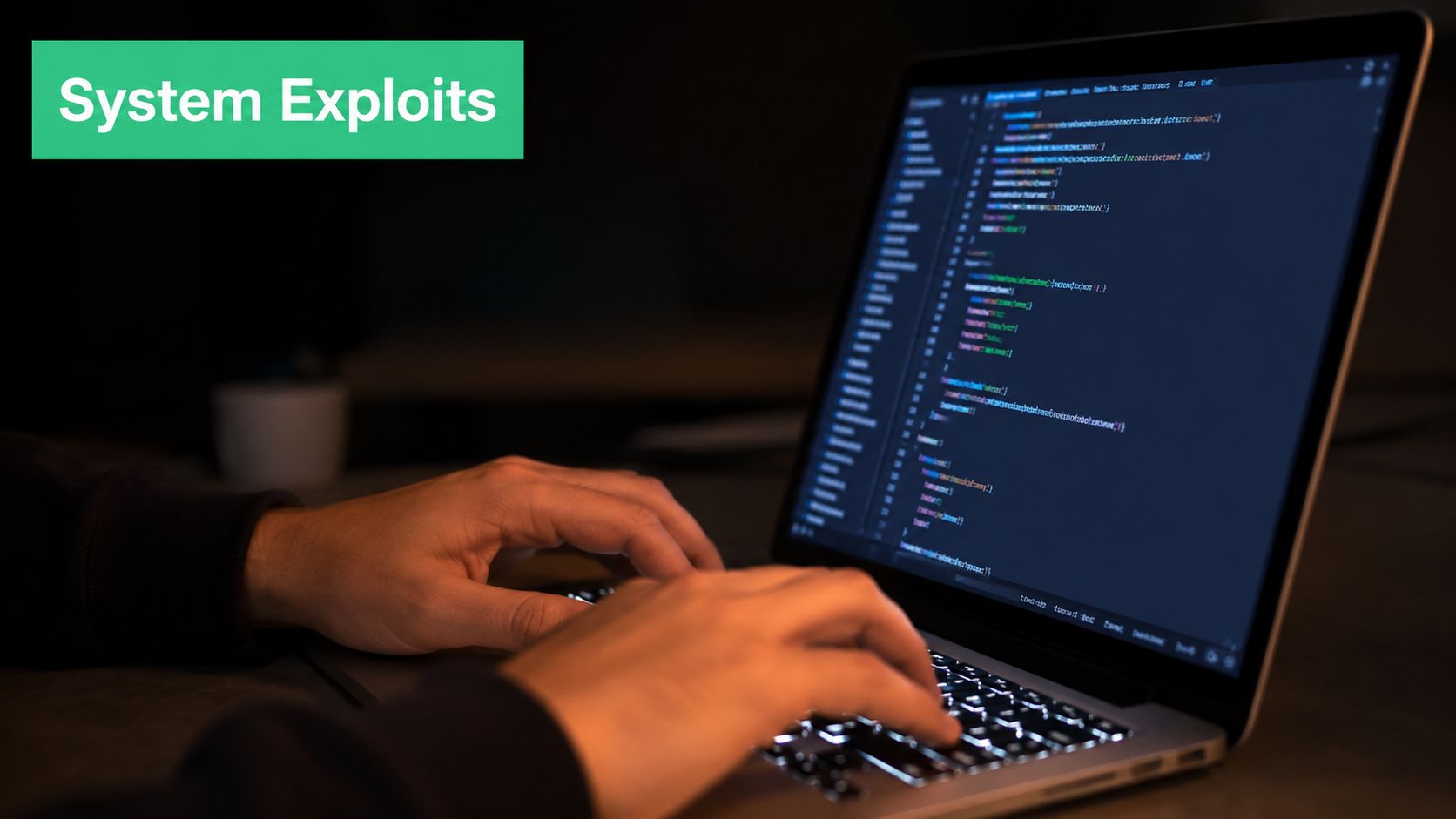 A programmer working on computer code late at night, highlighting the topic of system exploits and security.
