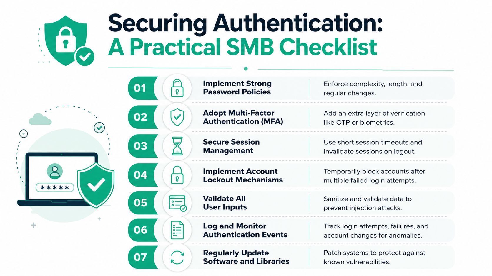 A checklist infographic titled Securing Authentication detailing seven practical security practices for SMBs and digital protection.