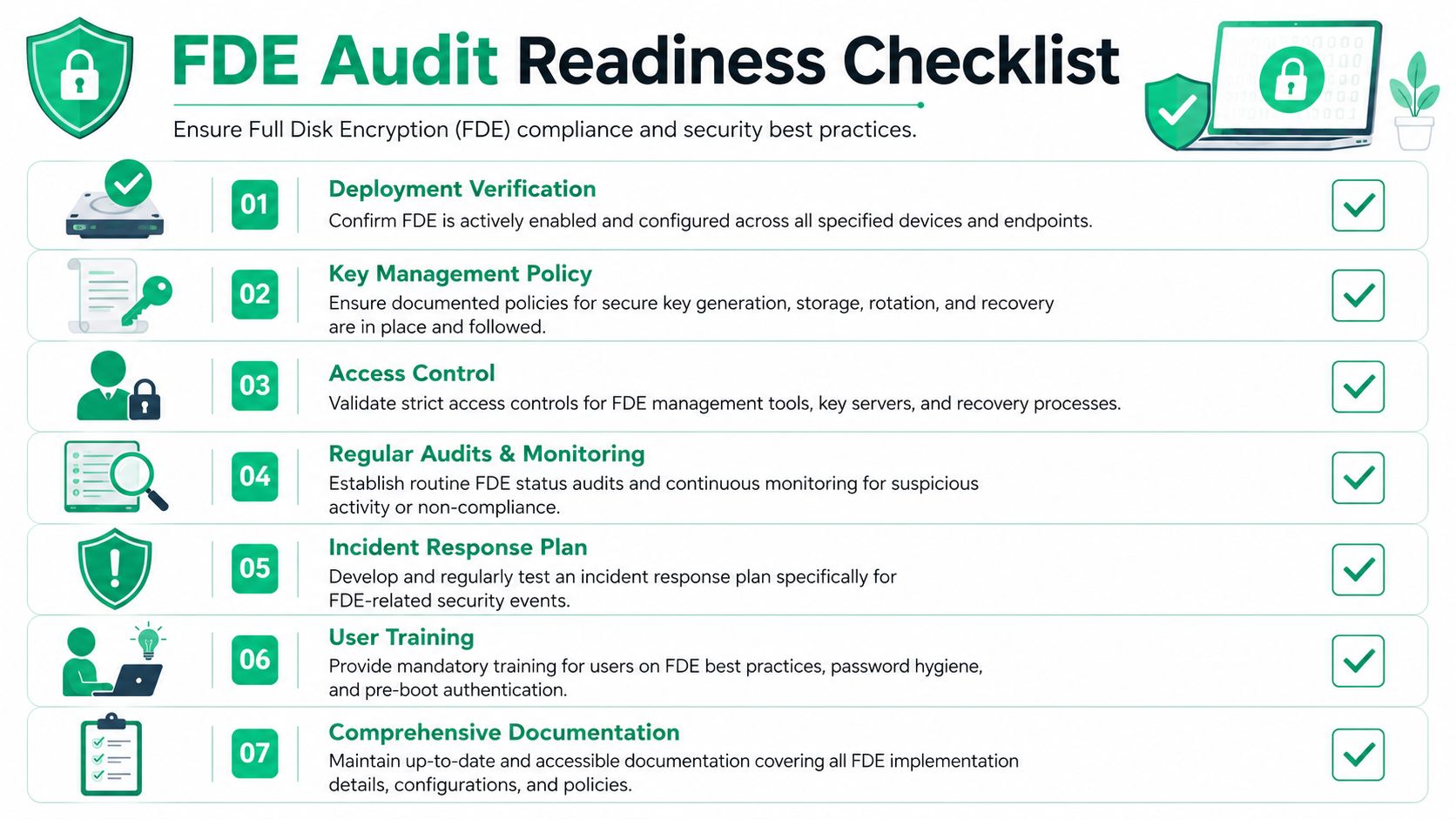 A comprehensive FDE Audit Readiness Checklist infographic outlining seven key steps for ensuring full disk encryption compliance.