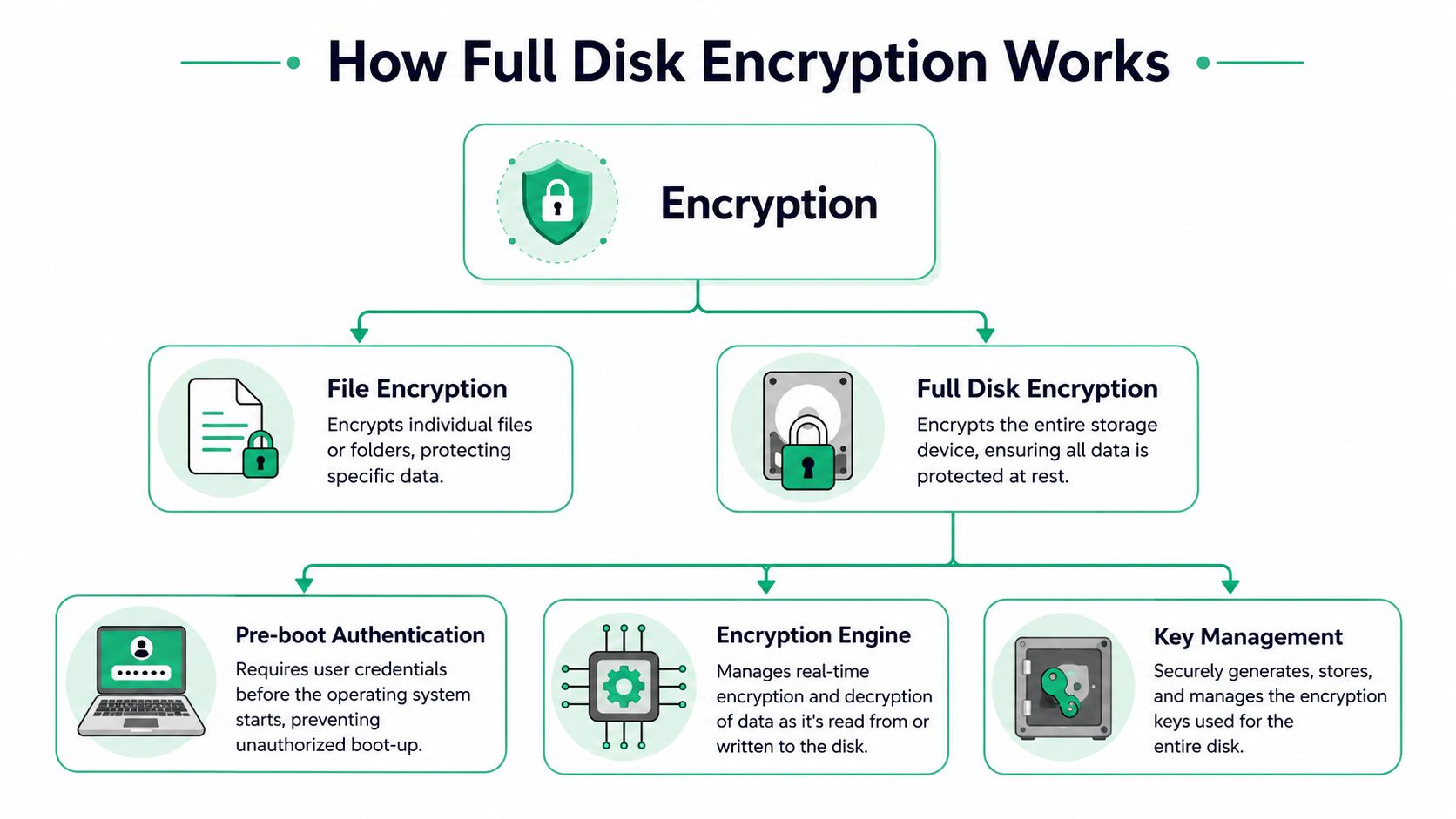 A flowchart explaining how full disk encryption works, illustrating encryption types, authentication, engine, and key management.