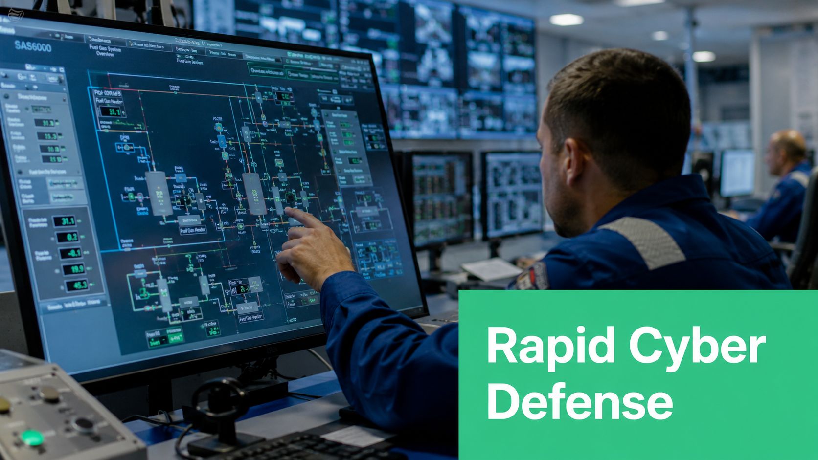 A technician monitors complex industrial control systems on a digital display in a modern operations center.