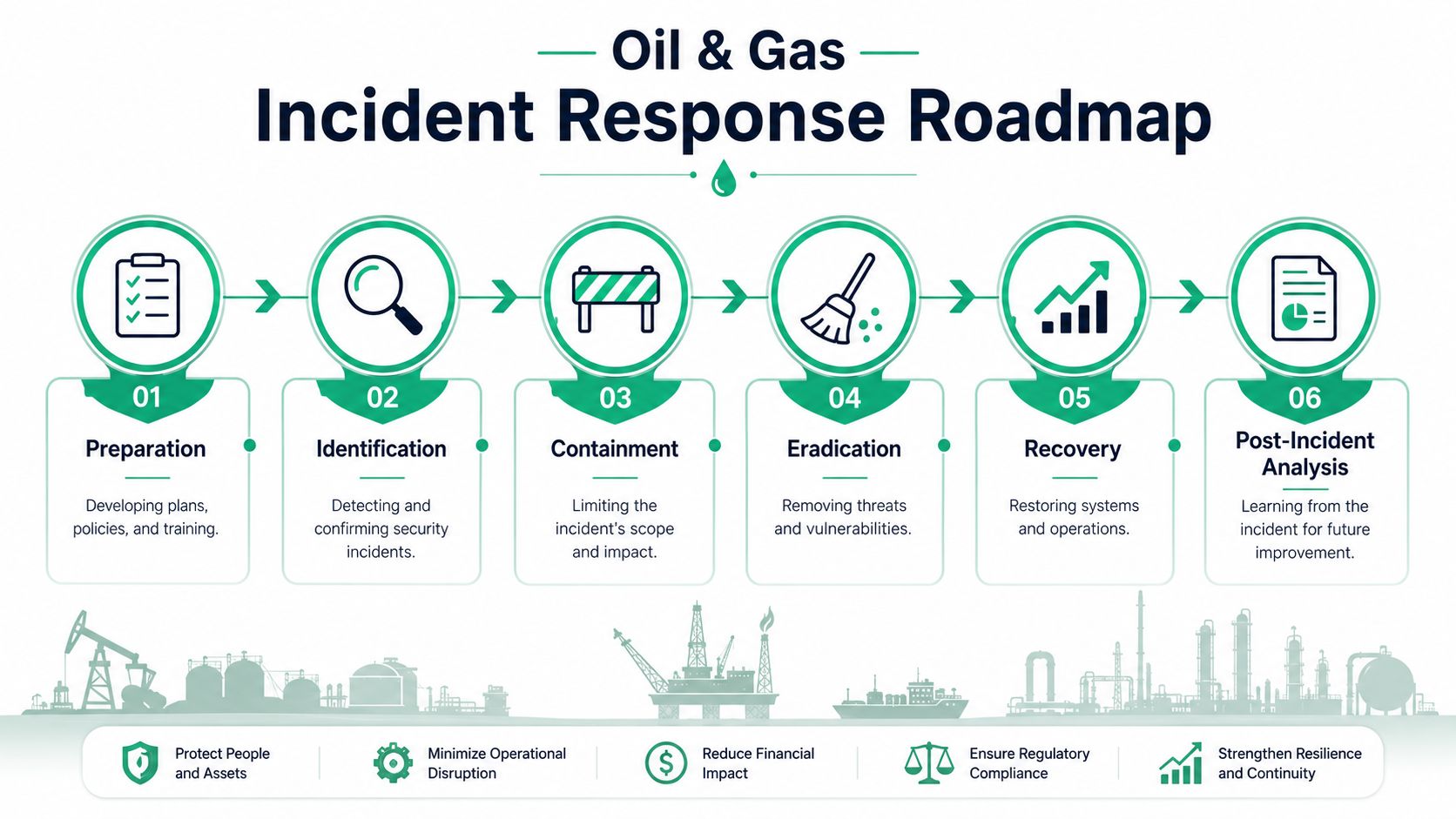 A diagram illustrating the six-step incident response roadmap for the oil and gas cybersecurity industry.