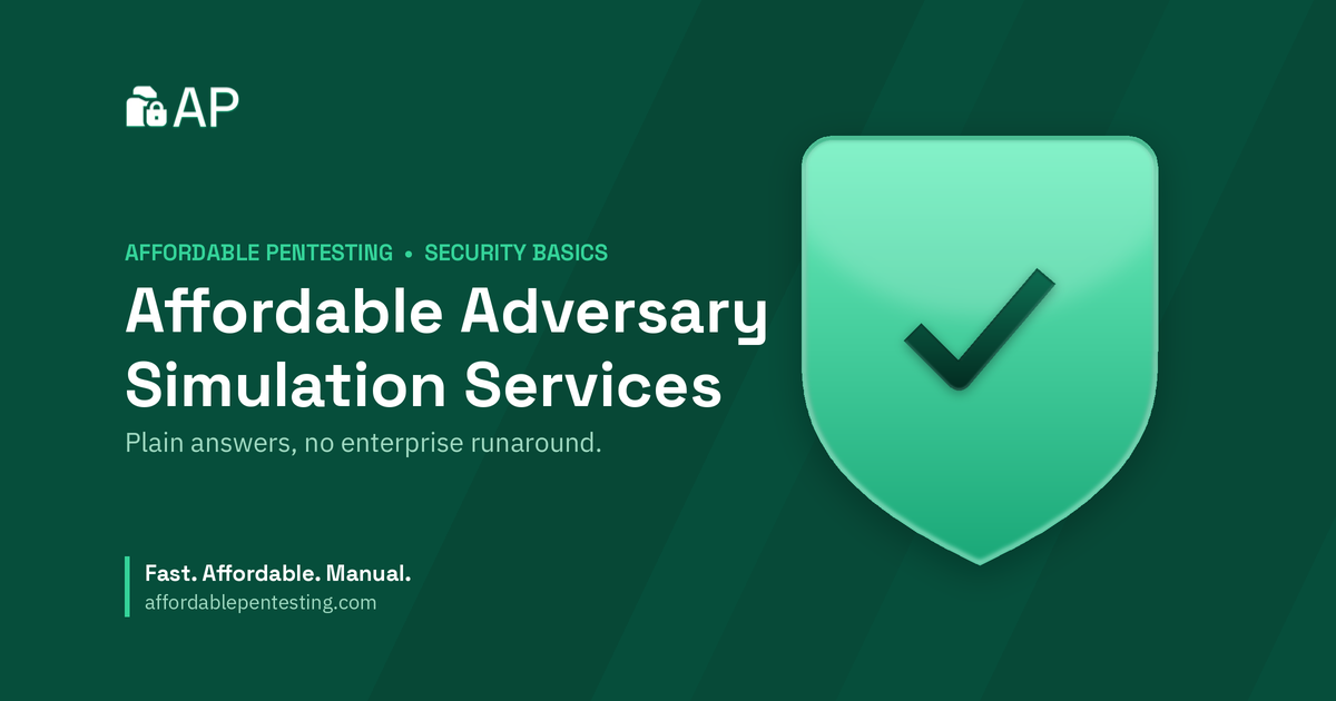 Affordable Adversary Simulation Services title card with a check icon in the Affordable Pentesting brand style.