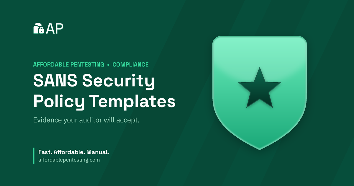 SANS Security Policy Templates title card with a star icon in the Affordable Pentesting brand style.