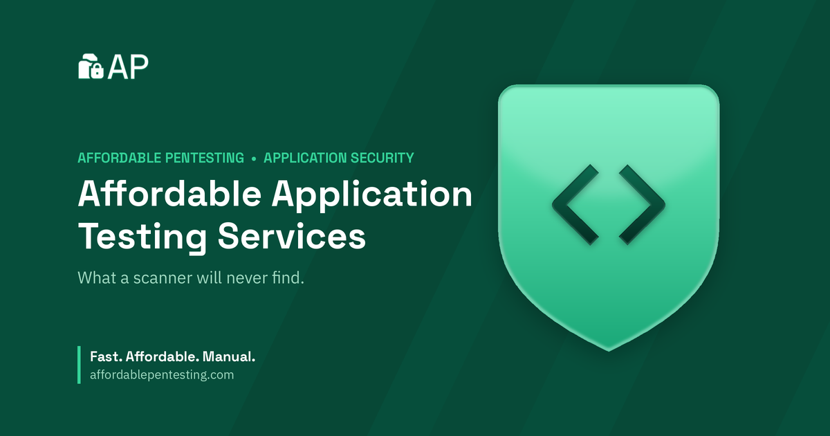 Affordable Application Testing Services title card with a code icon in the Affordable Pentesting brand style.