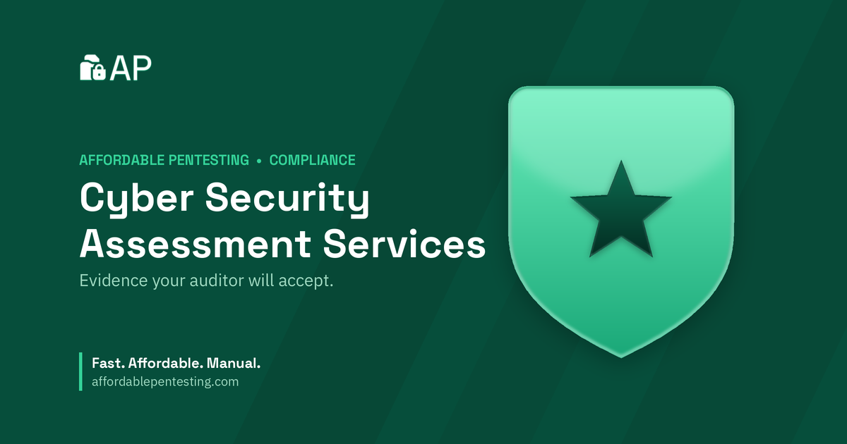 Cyber Security Assessment Services title card with a star icon in the Affordable Pentesting brand style.