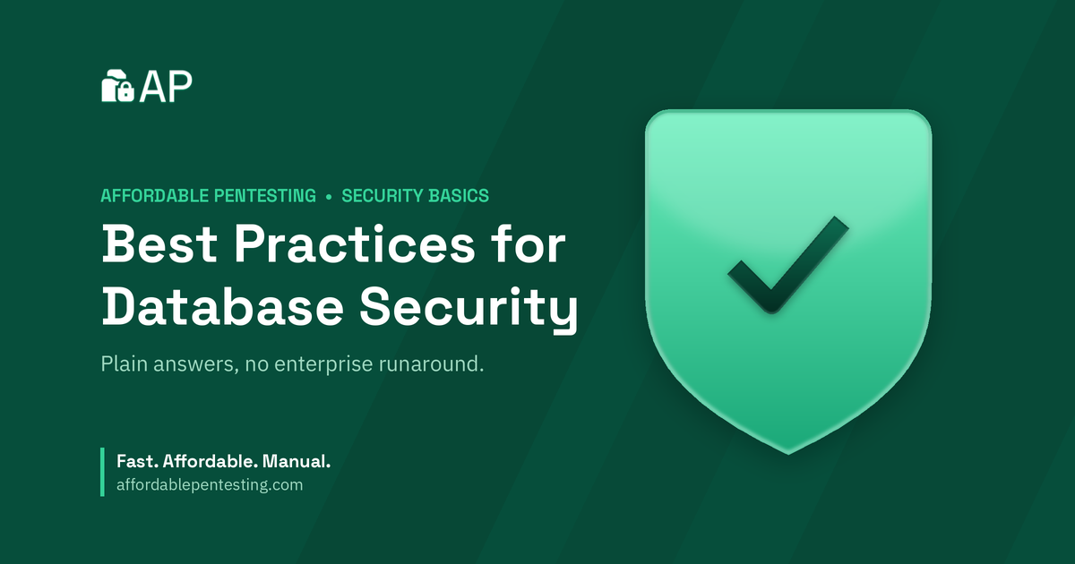 Best Practices for Database Security title card with a check icon in the Affordable Pentesting brand style.