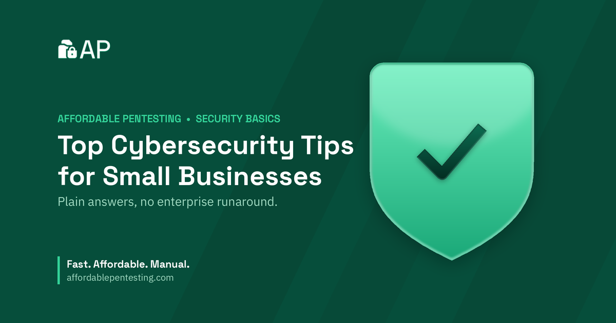 Top Cybersecurity Tips for Small Businesses title card with a check icon in the Affordable Pentesting brand style.