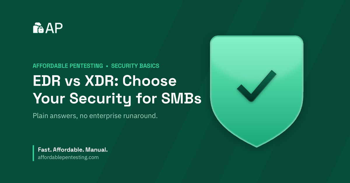 EDR vs XDR: Choose Your Security for SMBs title card with a check icon in the Affordable Pentesting brand style.