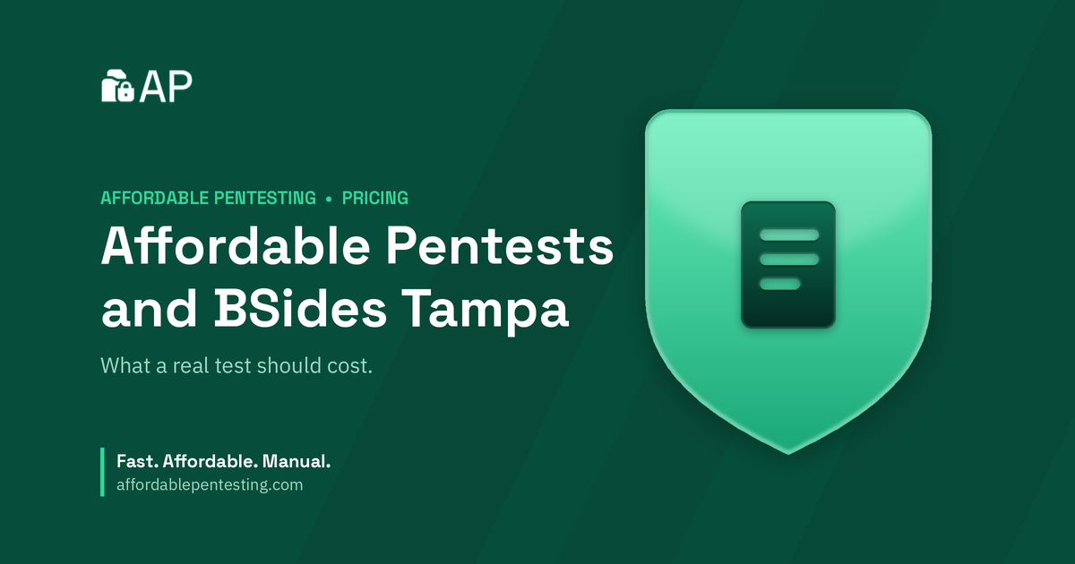 Affordable Pentests and BSides Tampa title card with a doc icon in the Affordable Pentesting brand style.