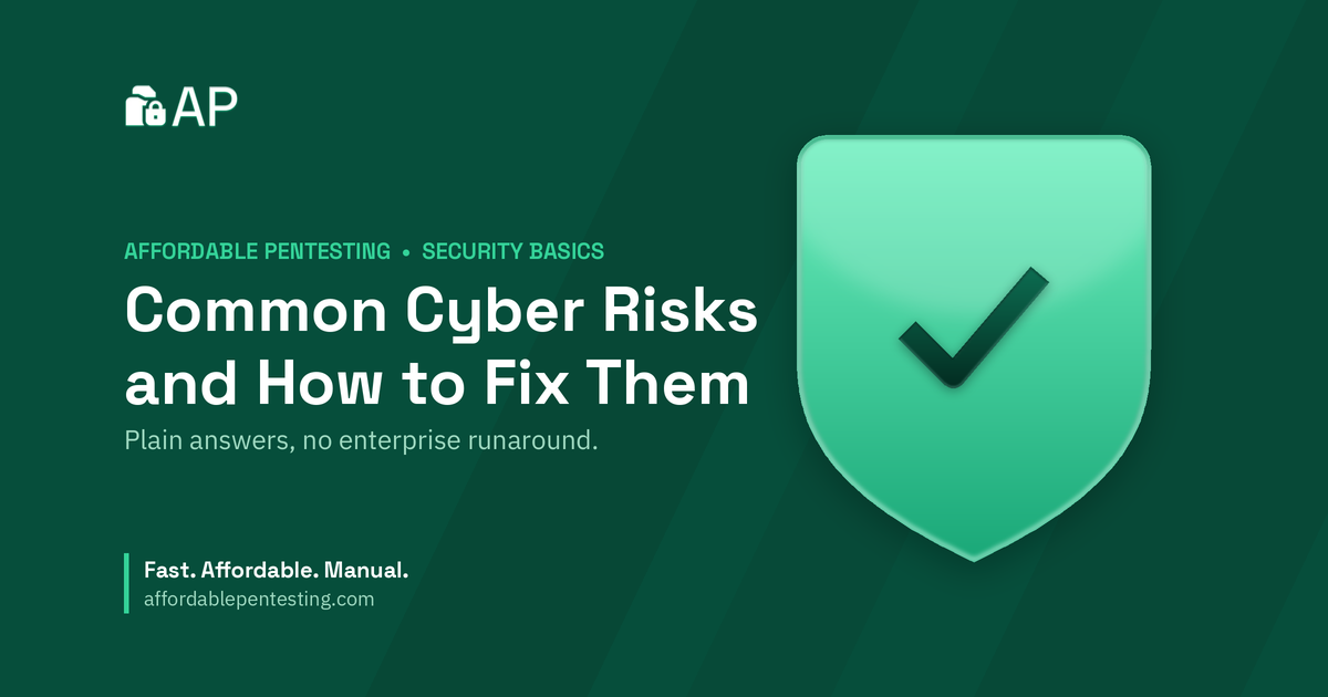 Common Cyber Risks and How to Fix Them title card with a check icon in the Affordable Pentesting brand style.