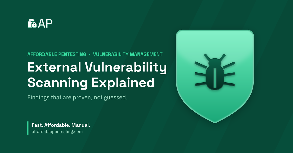 External Vulnerability Scanning Explained title card with a bug icon in the Affordable Pentesting brand style.