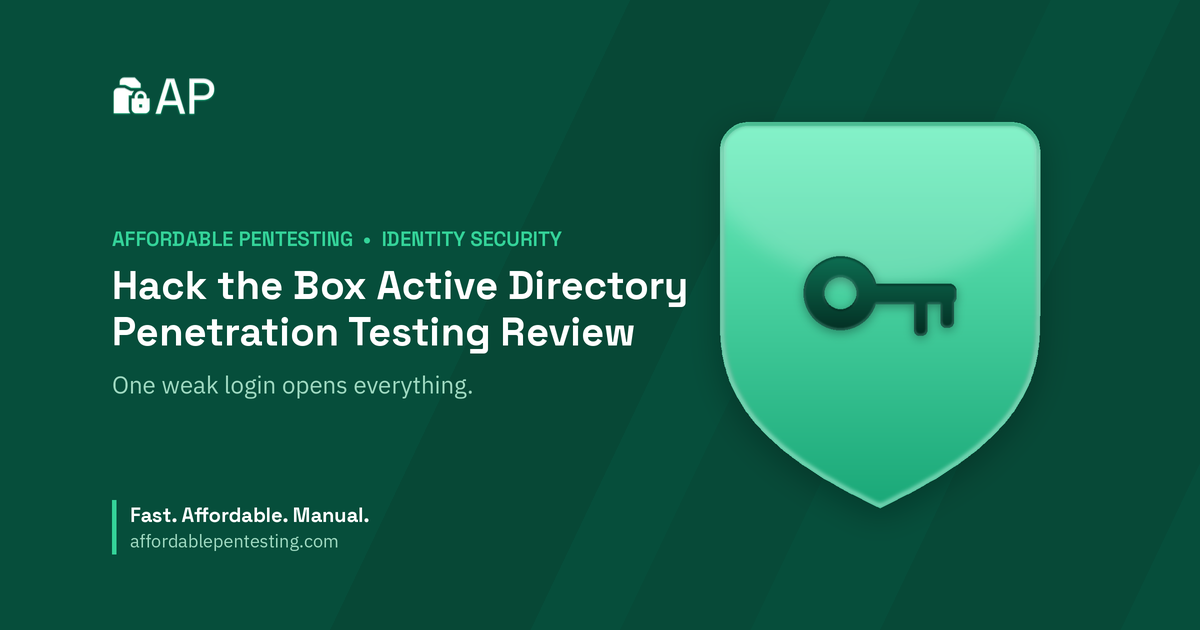 Hack the Box Active Directory Penetration Testing Review title card with a key icon in the Affordable Pentesting brand style.