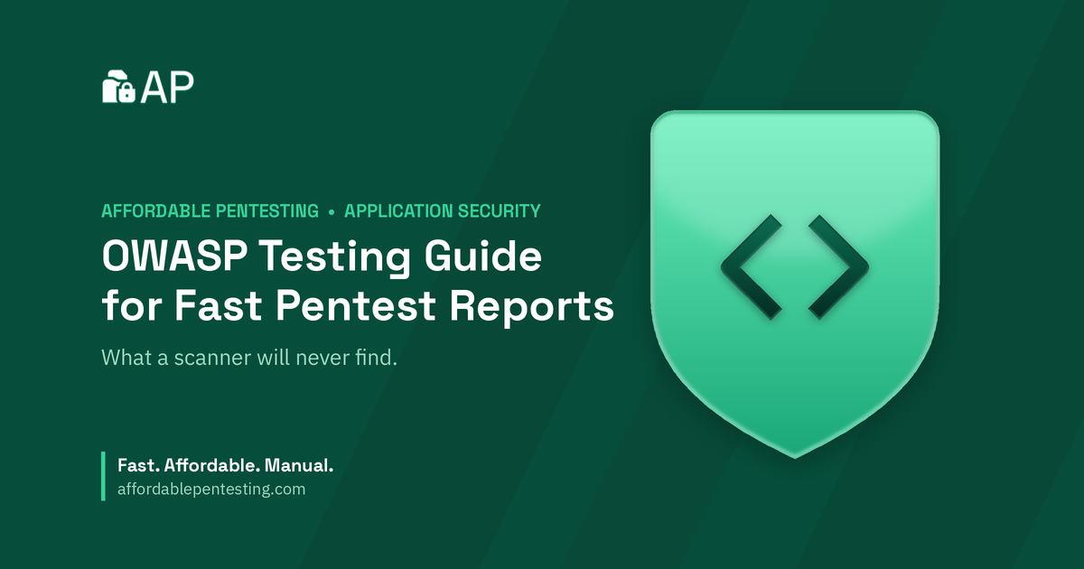 OWASP Testing Guide for Fast Pentest Reports title card with a code icon in the Affordable Pentesting brand style.