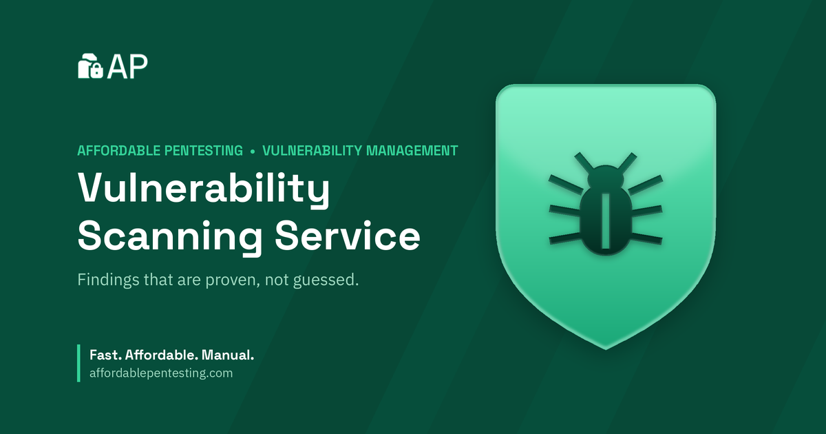Vulnerability Scanning Service title card with a bug icon in the Affordable Pentesting brand style.
