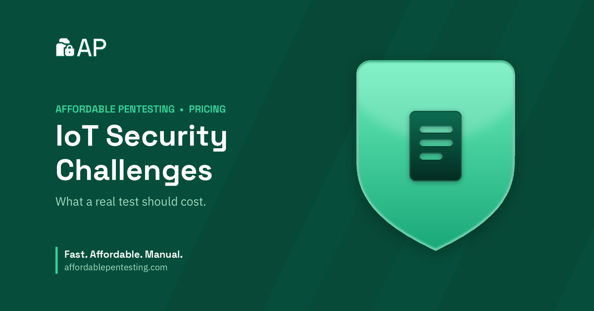 IoT Security Challenges title card with a doc icon in the Affordable Pentesting brand style.
