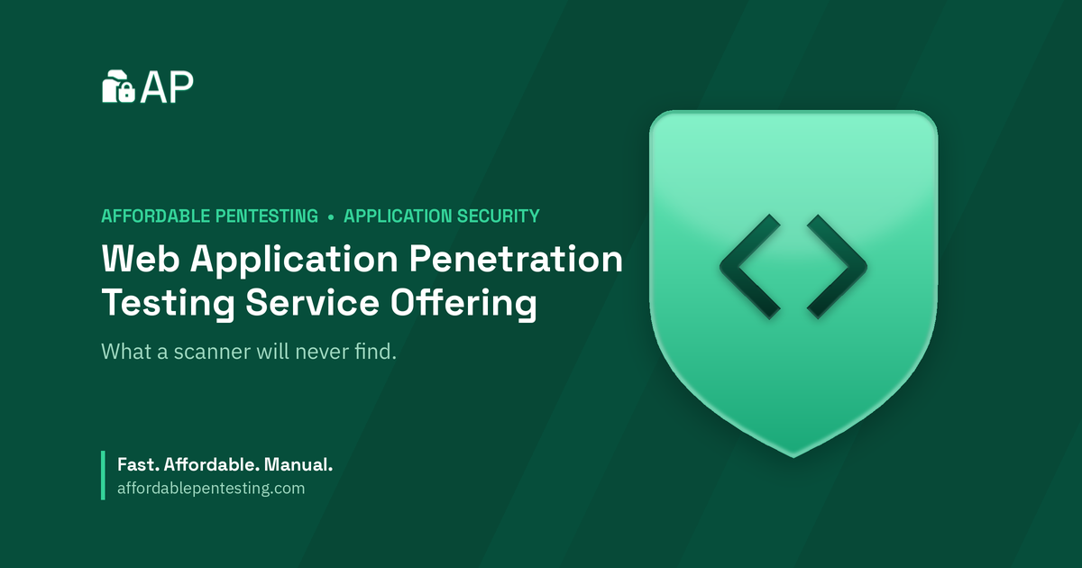 Web Application Penetration Testing Service Offering title card with a code icon in the Affordable Pentesting brand style.