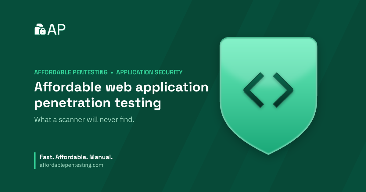 Affordable web application penetration testing title card with a code icon in the Affordable Pentesting brand style.