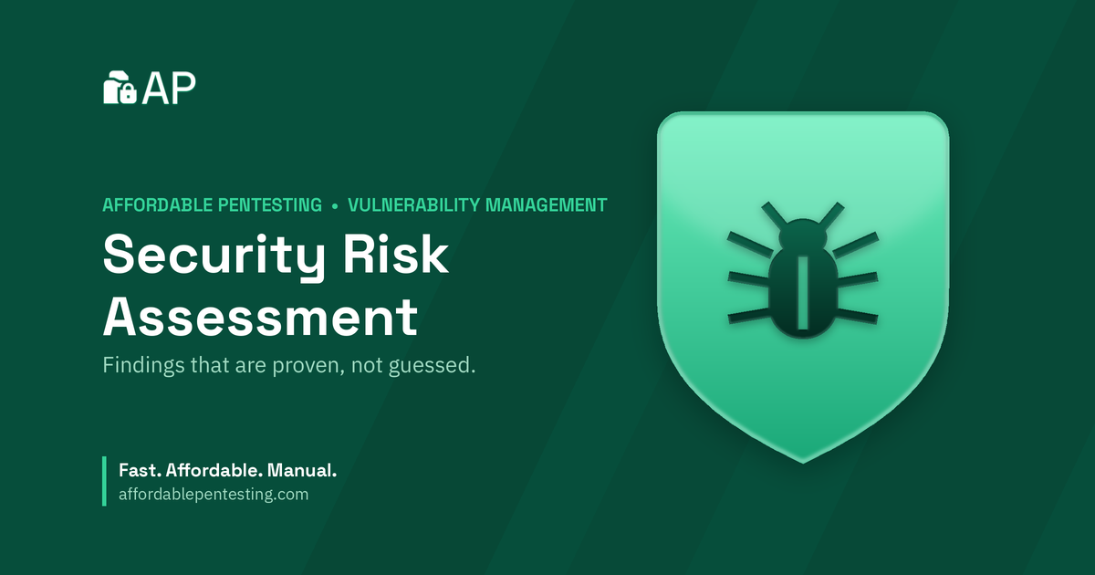Security Risk Assessment title card with a bug icon in the Affordable Pentesting brand style.