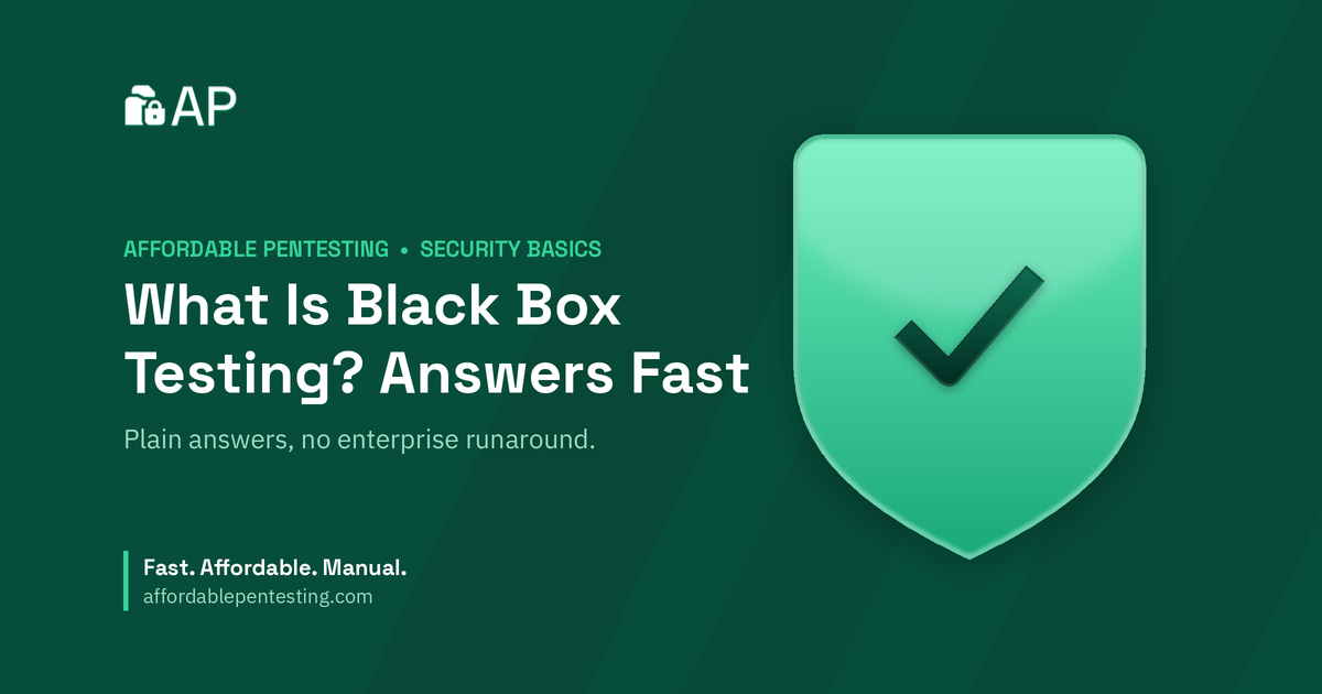 What Is Black Box Testing? Answers Fast title card with a check icon in the Affordable Pentesting brand style.