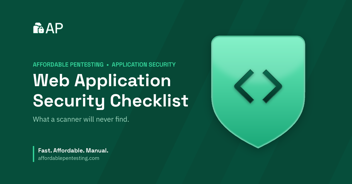 Web Application Security Checklist title card with a code icon in the Affordable Pentesting brand style.