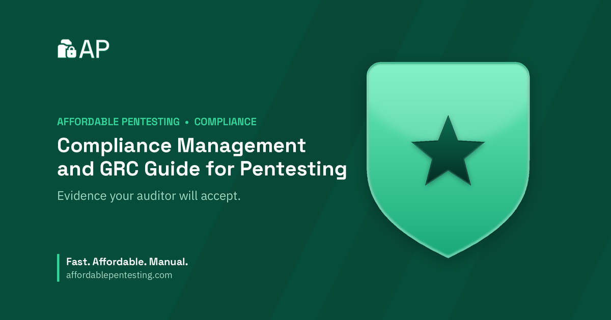 Compliance Management and GRC Guide for Pentesting title card with a star icon in the Affordable Pentesting brand style.