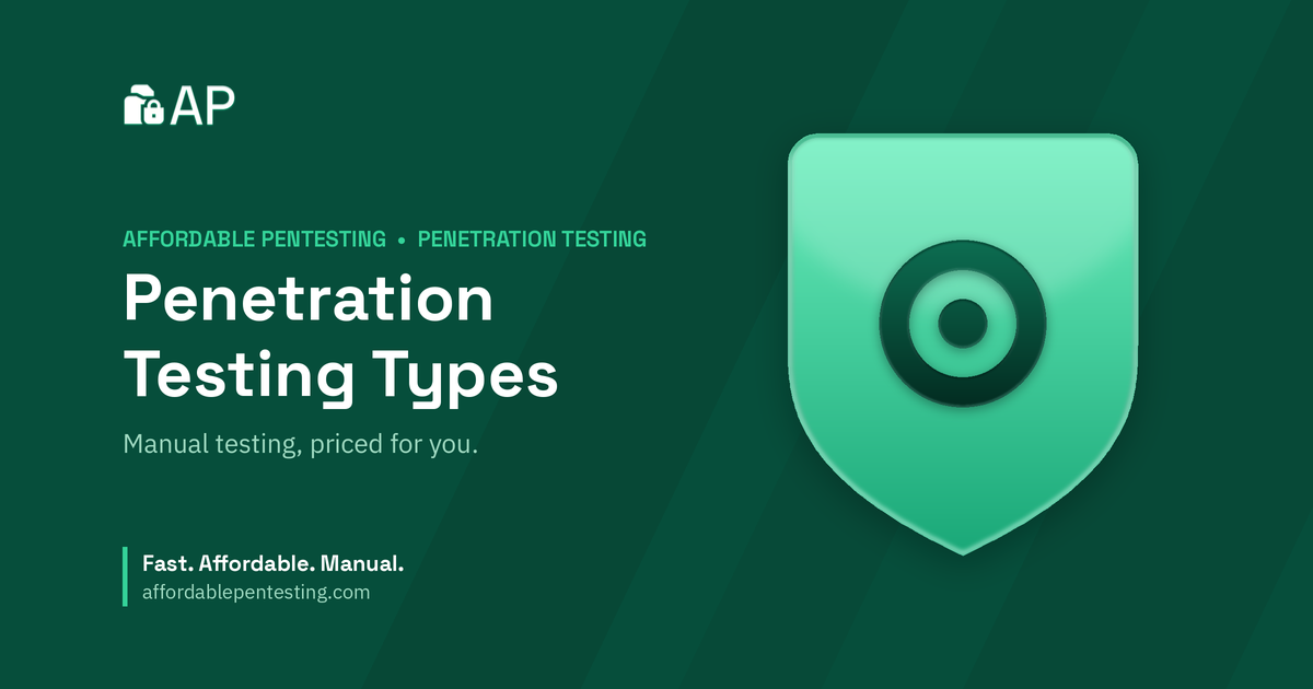 Penetration Testing Types title card with a target icon in the Affordable Pentesting brand style.