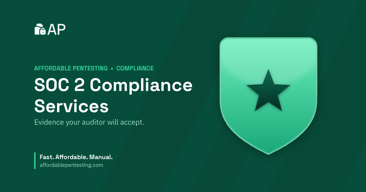 SOC 2 Compliance Services title card with a star icon in the Affordable Pentesting brand style.