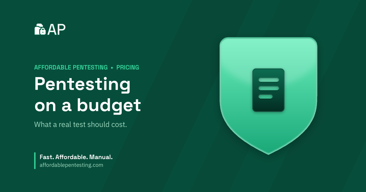 Pentesting on a budget title card with a doc icon in the Affordable Pentesting brand style.