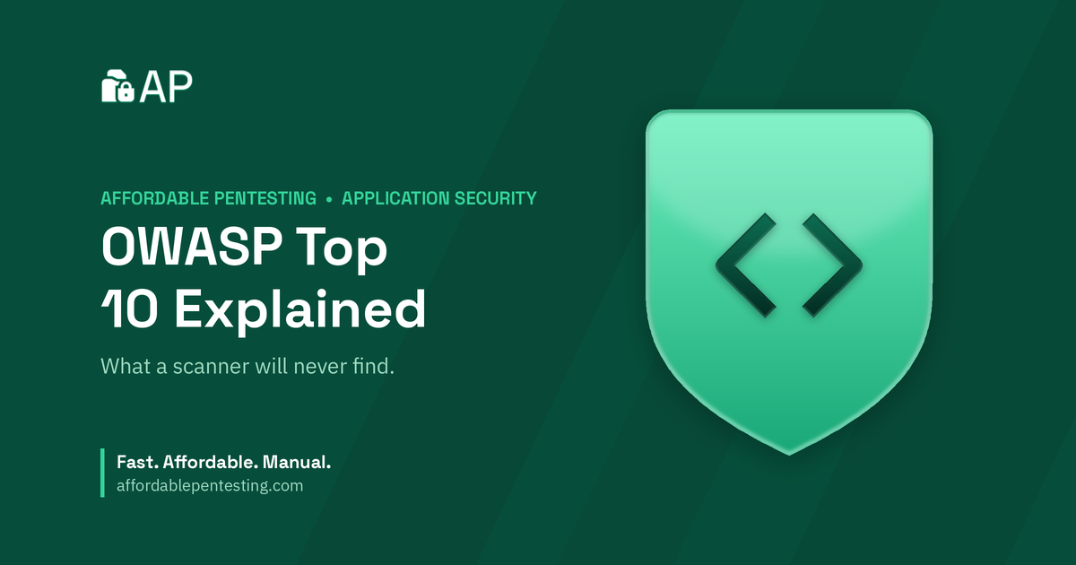 OWASP Top 10 Explained title card with a code icon in the Affordable Pentesting brand style.