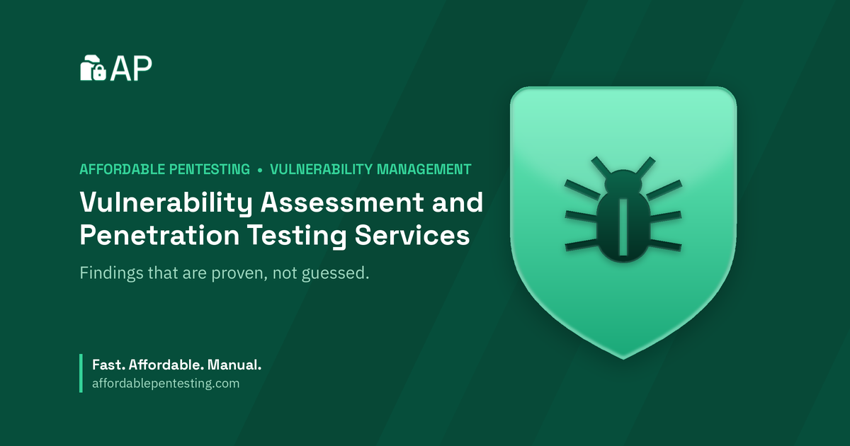 Vulnerability Assessment and Penetration Testing Services title card with a bug icon in the Affordable Pentesting brand style.