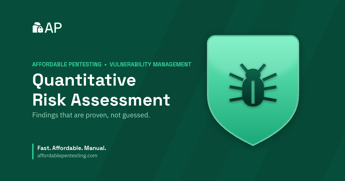 Quantitative Risk Assessment title card with a bug icon in the Affordable Pentesting brand style.