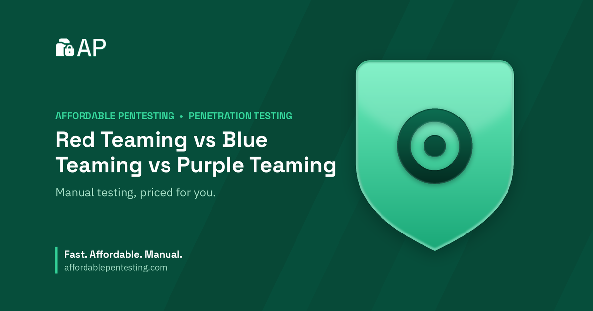 Red Teaming vs Blue Teaming vs Purple Teaming title card with a target icon in the Affordable Pentesting brand style.