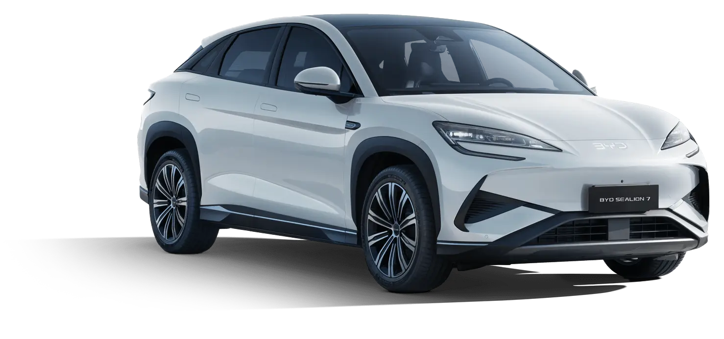 A sleek image showing a new white BYD Sealion 7 vehicle at an oblique angle