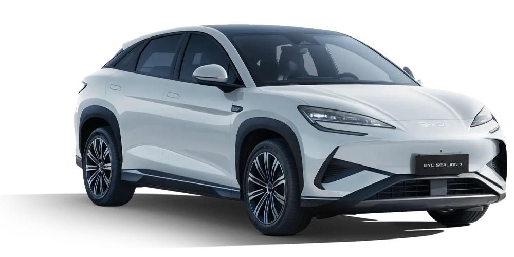 A sleek image showing a new white BYD Sealion 7 vehicle at an oblique angle